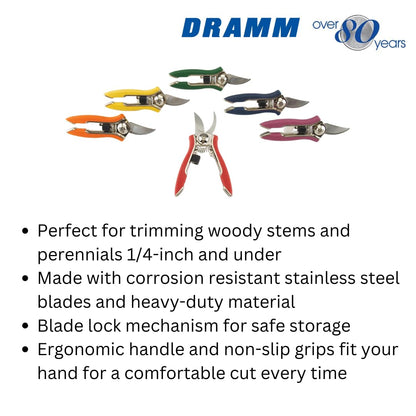 Dramm ColorPoint Stainless Steel Compact Garden Pruning Shears, Hand Pruner, Garden Clippers, with Heavy Duty Blade and Easy grip Handle, Blue