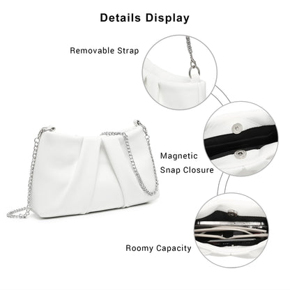 Dasein Elegant Pleated Evening Bag Soft Vegan Leather Clutch Purse Dressy Formal Handbag with 2 Chain Straps for Women (White)