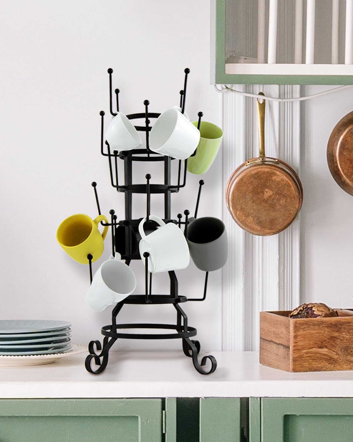 MyGift 24-Hook Rustic Black Iron Coffee Mug Holder, Tea Cup Display Stand, Drinking Glasses Baby Bottle Drying Rack Stand