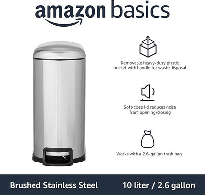 Amazon Basics D-Shaped Small Trash Can with Soft-Close Step Pedal, Removable Inner Bucket, Carrying Handle, Smudge Resistant, 10 l / 2.6 gallon, Silver