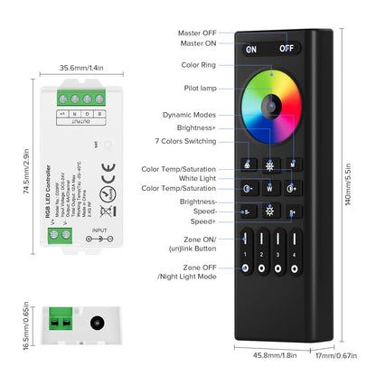 BTF-LIGHTING 5050SMD FCOB COB Dimming RF 2.4GHz Wireless Remote RC01RFB &4PCS C01RF Tuya Controller Kit 4 Zones Group Control PWM Single Color (+V -V) 2pin LED Neon Rope Light DC5V DC12V DC24V