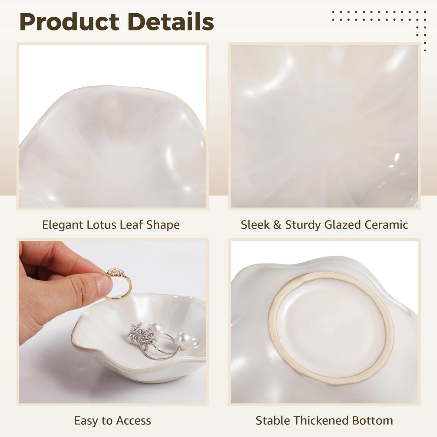 Toyosport 6 Pcs Ceramic Jewelry Dishes, Lotus Leaf Ring Dishes, Small Trinket Trays, White Pottery Plates, Gold-Trimmed Jewelry Holders, Cute Key Bowls for Nightstand Decor
