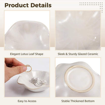 Toyosport 6 Pcs Ceramic Jewelry Dishes, Lotus Leaf Ring Dishes, Small Trinket Trays, White Pottery Plates, Gold-Trimmed Jewelry Holders, Cute Key Bowls for Nightstand Decor
