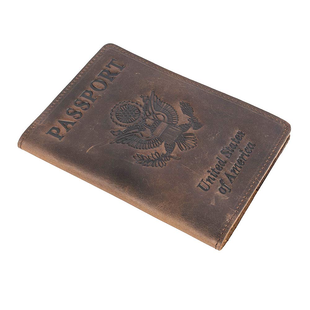 RFID Blocking Passport Holder Travel Wallet - Genuine Crazy Horse Leather for Men(Coffee)