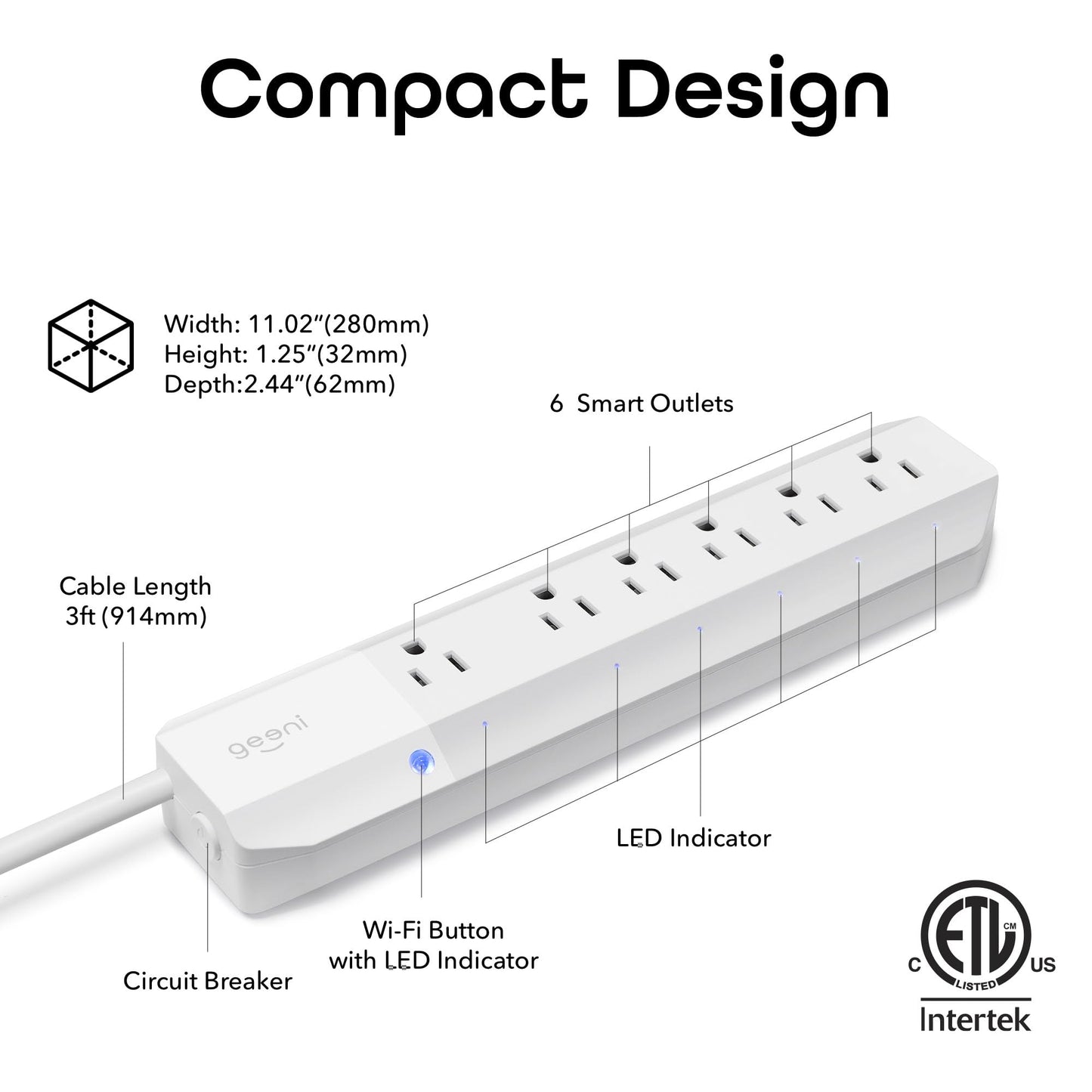 Geeni Smart Surge Protector 6-Outlet Power Strip – Wi-Fi Enabled with Voice Control (Alexa, Google Assistant), Surge Protection, 3ft Extension Cord, Remote Access