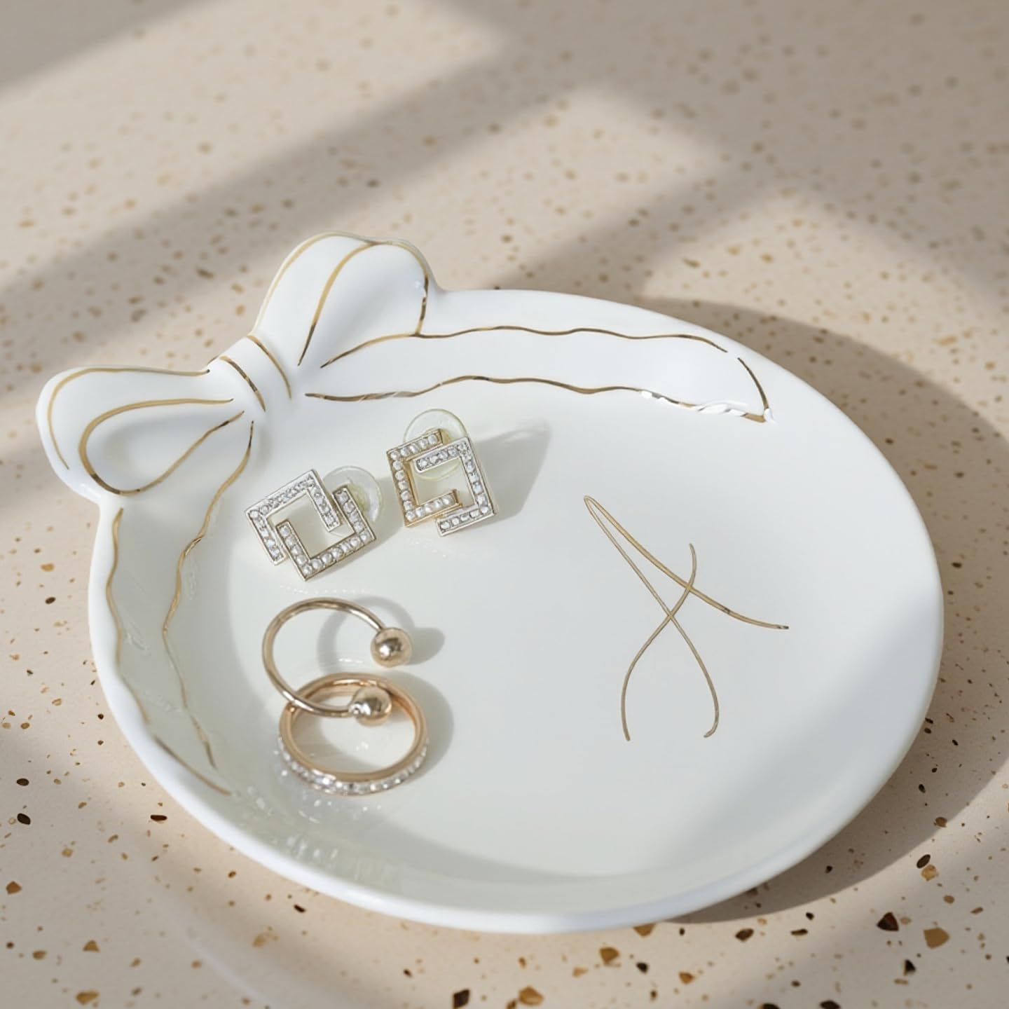 COLLECTIVE HOME Custom Initial Ceramic Jewelry Tray with Bow - Ring Holder & Earring Dish | Christmas Gift Idea for Women, Unique Birthday Present for Her (A)