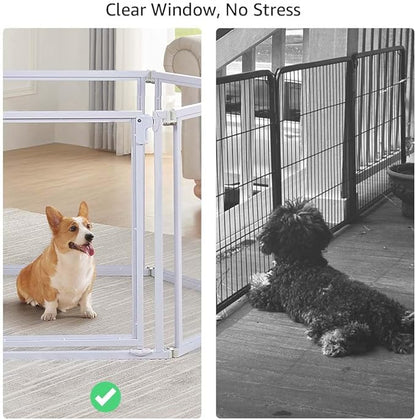 unipaws Clear Acrylic Transparent Dog Playpen, 125” Extra Wide 6 Panels Freestanding Walk Through Dog Gate, Foldable Pet Pen Whelping Cage for Puppy Cats