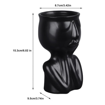 Semme Scandinavian Ceramic Face Planter Pot, Minimalist Planter Pot for Home Office Garden (Black)