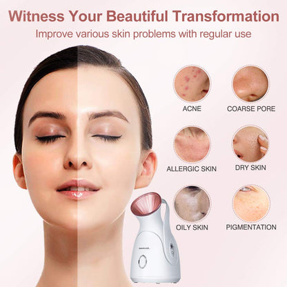 Amconsure Facial Steamer - Nano Ionic Face Steamer Warm Mist Steamer for Home Sauna SPA, Humidifier for Face Steamer for Deep Cleaning Unclogs Pores Sinuses - Bonus 5 Piece Stainless Steel Skin Kit