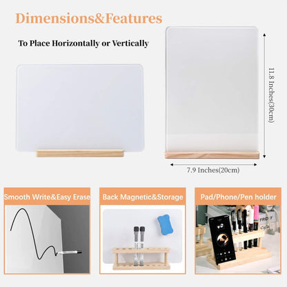 iNenya Glass White Board with Stand,Magnetic Mini Dry Erase Board for Desk,Small Desktop Whiteboard with Solid Wood Bracket
