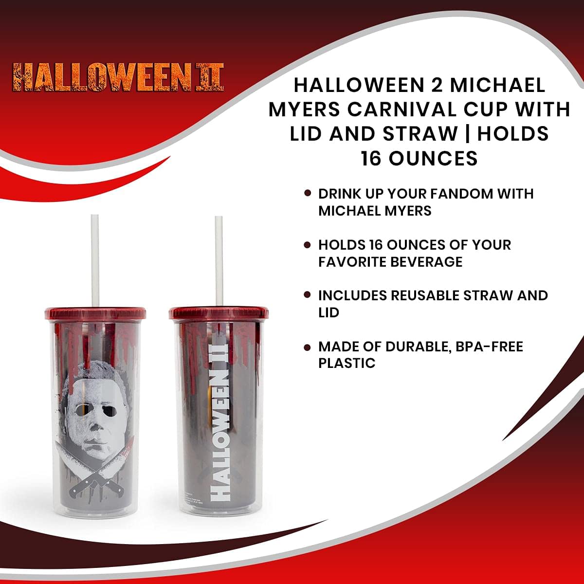 Halloween 2 Michael Myers Carnival Cup With Reusable Straw, Leakproof Lid | BPA-Free Plastic Tumbler, Tall Cold Cup | Novelty Drinkware For Home Kitchen | Holds 16 Ounces