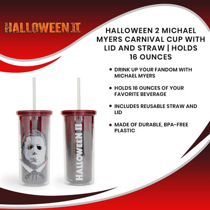 Halloween 2 Michael Myers Carnival Cup With Reusable Straw, Leakproof Lid | BPA-Free Plastic Tumbler, Tall Cold Cup | Novelty Drinkware For Home Kitchen | Holds 16 Ounces