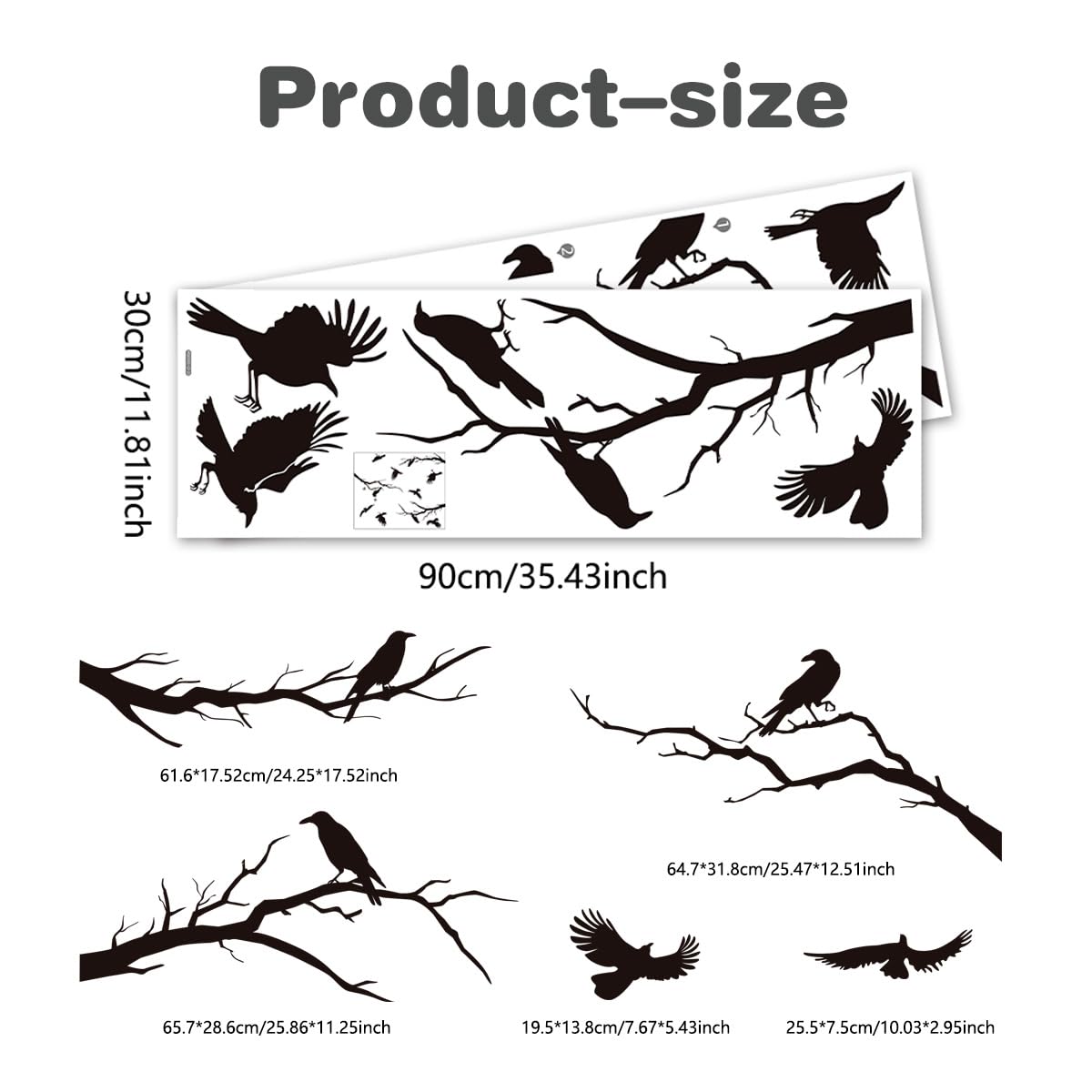 Raven Peel and Stick Wall Stickers - Black Crows, Winter Branches, Halloween Tree Branch Designs - Removable Vinyl Decals