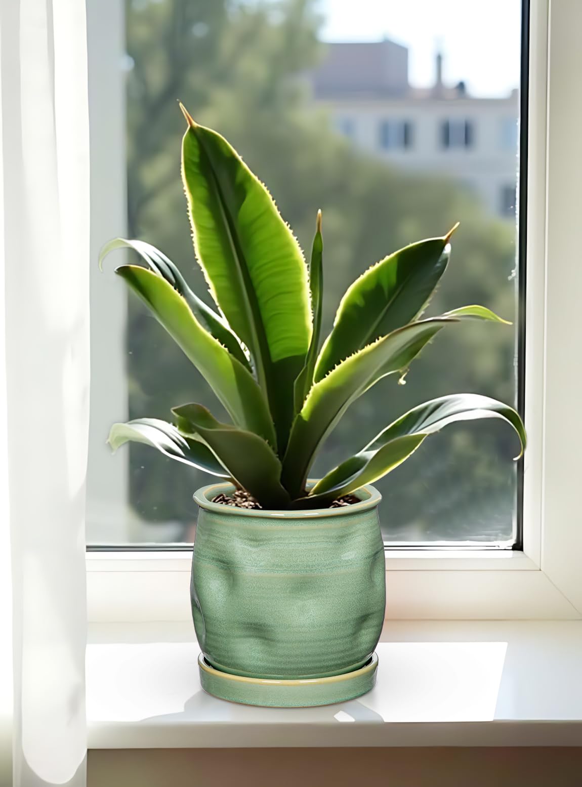 5.7 inch Ceramic Pots for Plants, Plant Pot with Drainage Hole and Saucer Sage Green Ceramic Indoor Planter with Tray Decorative Flower Pots for Succulent, Cactus, Snake Plant, Herb Indoor Outdoor