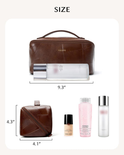 Yikisite Makeup Bag, Travel Cosmetic Bags toiletry bag for Women, Waterproof PU Leather Make Up Pouch Organizer Travel Essentials Organizer with Divider (Brown)
