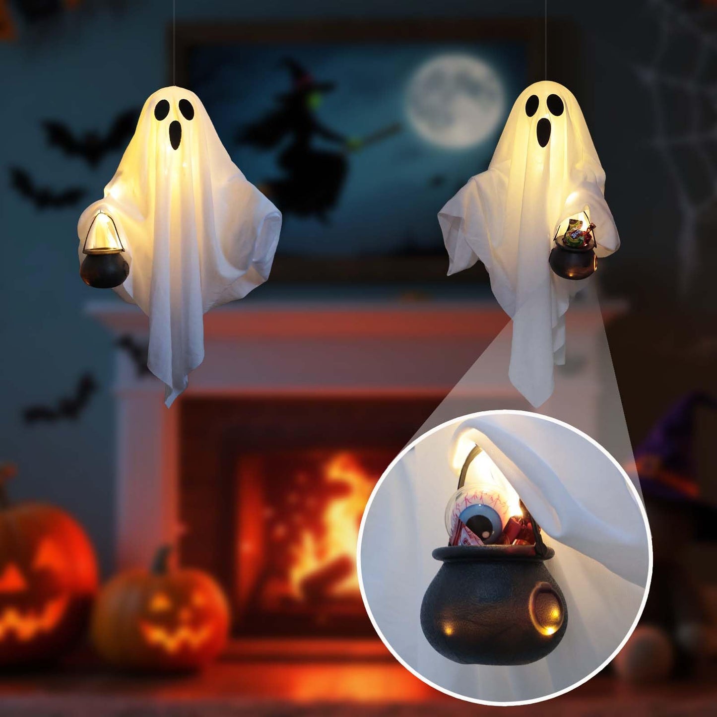 [Timer] 2 Pack Halloween Light Up Ghost Decorations, Battery Operated Flying Hanging Ghosts Glowing Led Lights Remote Control 8 Lighting Modes Floating Swinging Yard Garden Porch Outdoor Indoor Decor