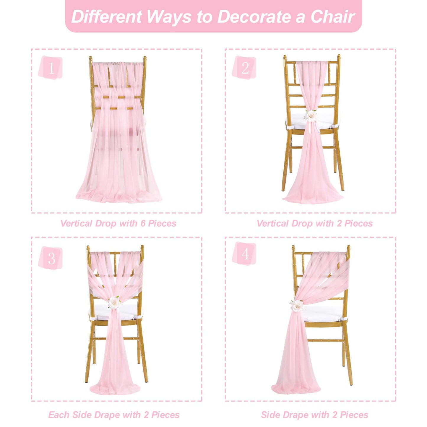 Fanqisi Pink Chair Sashes 16 Pieces 240cm Long Chair Bows Sashes Sheer Tulle Flowy Fabric for Wedding Aisle Chairs Decoration