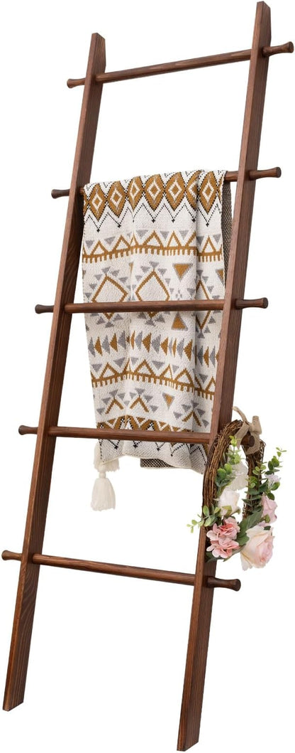 Blanket Ladder, 5-Tier Wooden Quilt Stand, Decorative Ladder Shelf, Farmhouse Ladder Blanket Holder, Wall Leaning Towel Storage Rack for Living Room, Brown