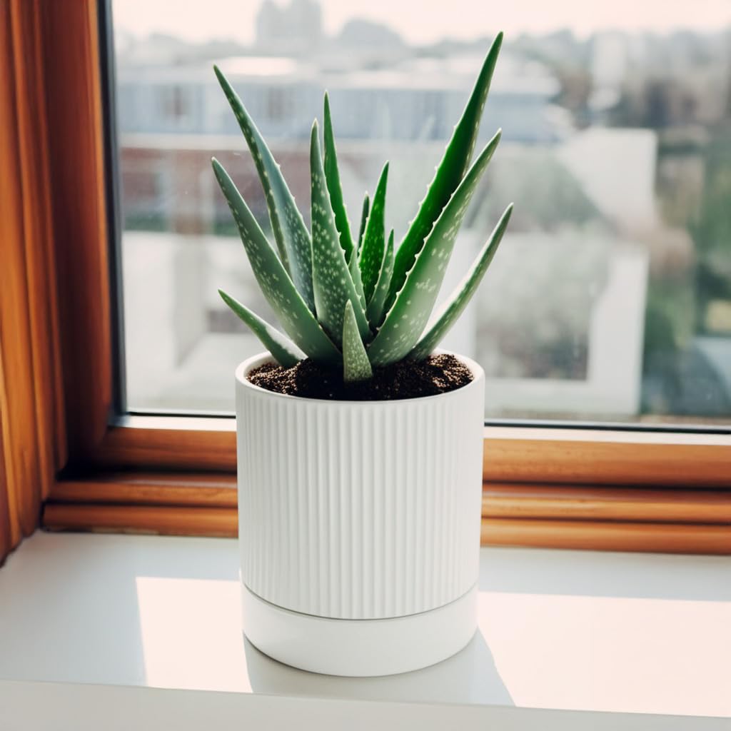 HERDUK Small Plant Pots, 4 Inch Pots for Indoor Plants, Modern Minimalist Ceramic Plant Pots with Drainage Hole & Saucer, White Set of 2