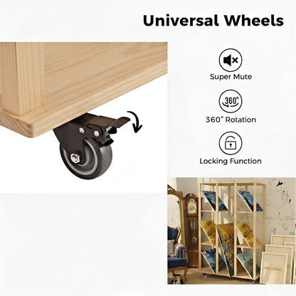 MOOFI Extra-Large Art Storage Rack with Wheels, Adjustable Display Wooden Drying Rack for Canvas, Panels, Prints and Artworks, Multi-Tier Art Organizer for Galleries, Classroom, Studios (Natural)