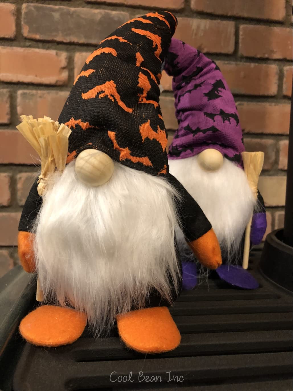 Halloween Gnome 2-Pack – Handmade Orange & Purple Figures with Wooden Broom – 10 Inch Tall Funny Halloween Decoration for Home by Cool Bean Inc