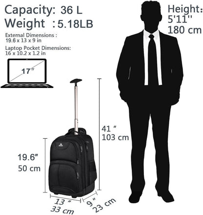 MATEIN Rolling Backpack, 17 inch Water Resistant Wheeled Laptop Backpack, Carry on Luggage Business Bag, Overnight College Computer Bag Trolley Suitcase for Men Women Adults to Travel, Black
