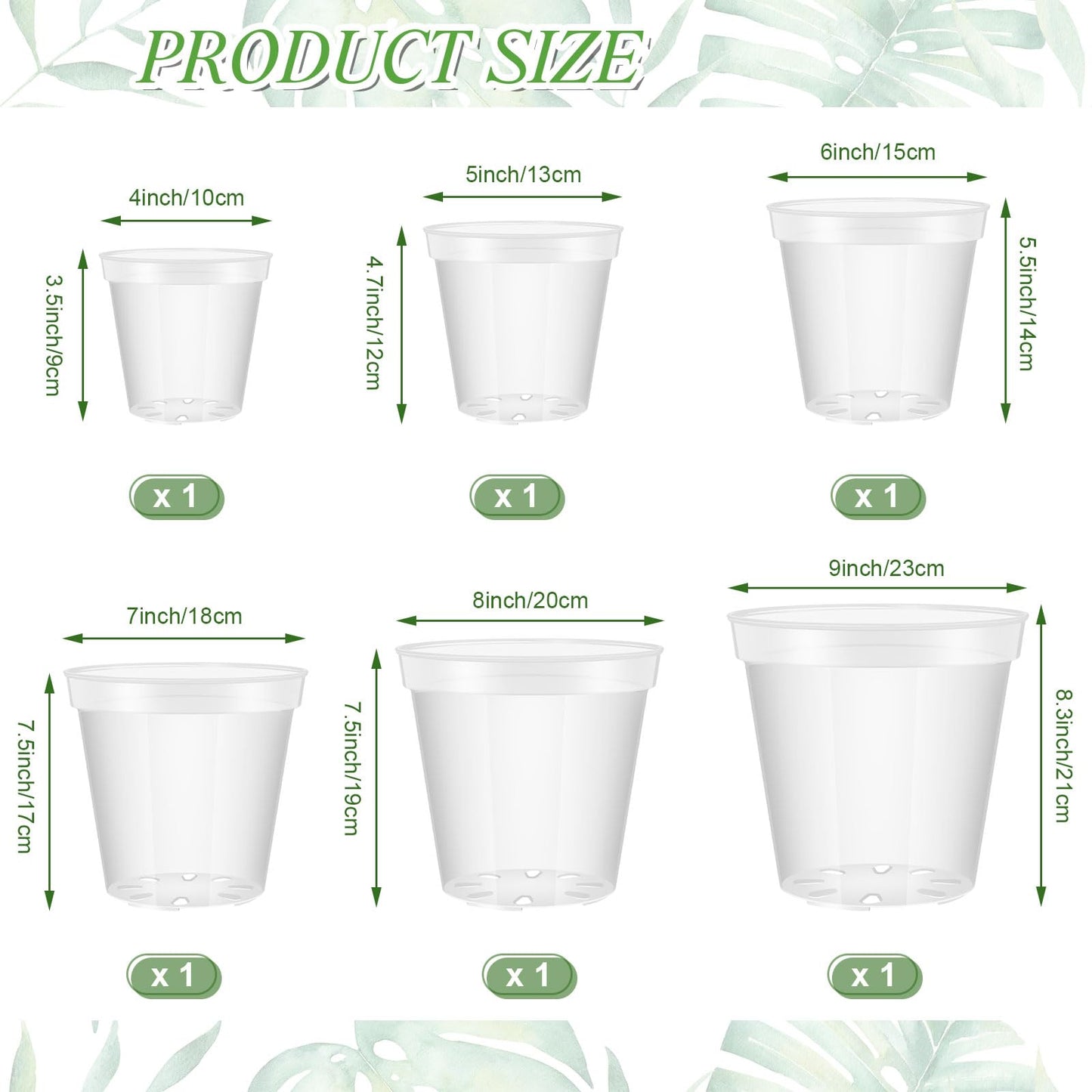 Vesici 6 Pcs 4/5/6/7/8/9 Inch Large Thickened Clear Nursery Pots Variety Pack Plant Pots with Drainage Holes Planters for Indoor Plants Flexible Transparent Plastic Plant Bottle Succulents