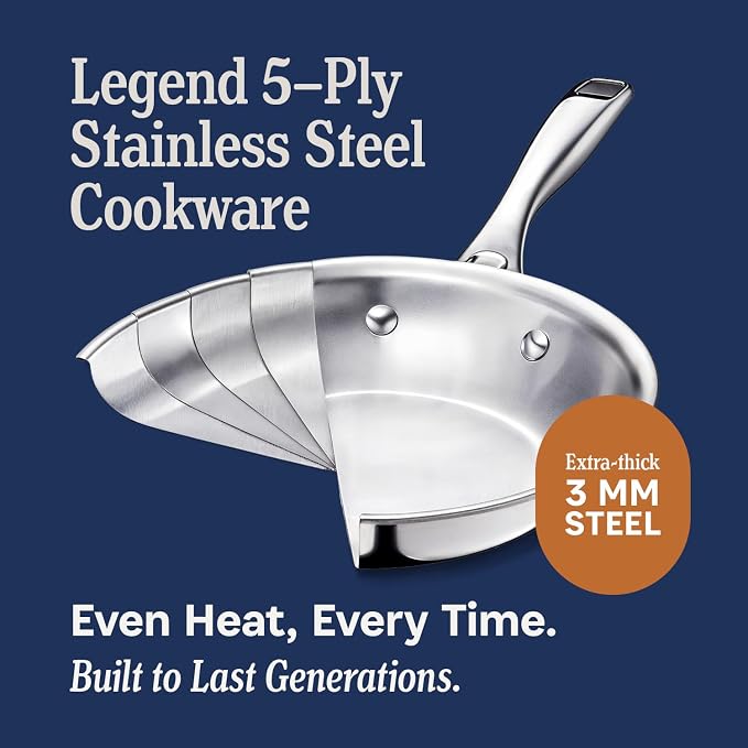 LEGEND COOKWARE 5-Ply Stainless Steel Cookware Set, 7-Piece Pots and Pans Set - Induction Compatible, Oven Safe 800°F - Non-Toxic, No Coatings - Built to Last Generations
