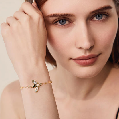 Cicy Bell Bracelets for Women Bumble Bee 18K Gold Plated Bracelets Oval Pearl Cubic Zirconia Figaro Chain Trendy Cute Animal Jewelry Gift