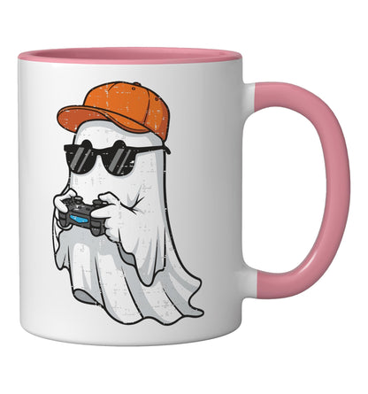 Halloween Gaming Ghost Gamer Costume Men Boys Kids Youth Ceramic Mug, Pink/White