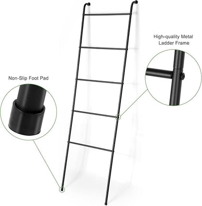Towel Blanket Ladder Black Metal Blanket Ladder Holder Industrial 5 Tier Wall Leaning Ladder Rack for Bathroom Living Room Laundry Room (Matte Black)