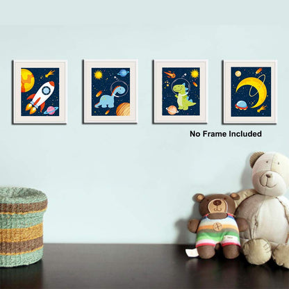 KAIRNE Dinosaur Outer Space Art Print, Solar System Planet Canvas Poster,Set of 4 (8X10inch,Unframed) Animal Astronaut Wall Art for Kid Room Decor