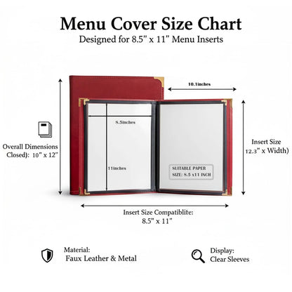 2-Pack Menu Covers 8.5x11 Inch, Burgundy Red Faux Leather Menu Holder, 2-Page 4-View Menu Book for Restaurant Bar Steakhouse, Wine List & Drink Menu