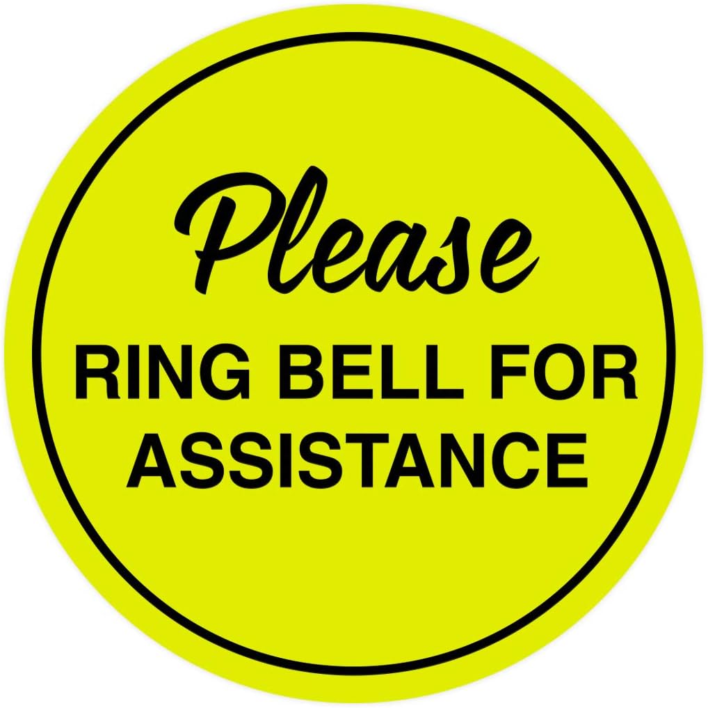Signs ByLITA Circle Please Ring Bell For Assistance Wall or Door Sign | Easy Installation | Front Desk Reception Sign (Yellow/Black) - Medium (5 Pack)