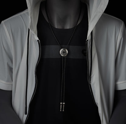 COOLSTEELANDBEYOND Vintage Medallion Sunburst Pattern Bolo Tie Necktie, Lariat Rodeo Y Necklace, Black Braided Leather