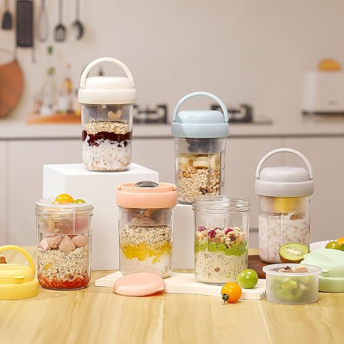 UWILLION Overnight Oats Containers with Handles, 16 oz Glass Mason Jars with Lids, Folding Spoons & Topping Compartments, Yogurt Parfait Cups for Meal Prep, Chia Pudding, Breakfast to Go, 2 Pack