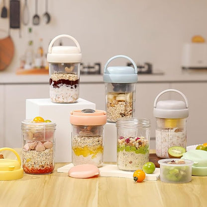 UWILLION Overnight Oats Containers with Handles, 16 oz Glass Mason Jars with Lids, Folding Spoons & Topping Compartments, Yogurt Parfait Cups for Meal Prep, Chia Pudding, Breakfast to Go, 2 Pack