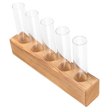 SEWACC Hydroponic Glass Planter Vase with 5-Hole Wooden Base, Plant Terrarium for Indoor Propagation and Home Office Décor, Glass Bud Vases for Desktop Hydroponics