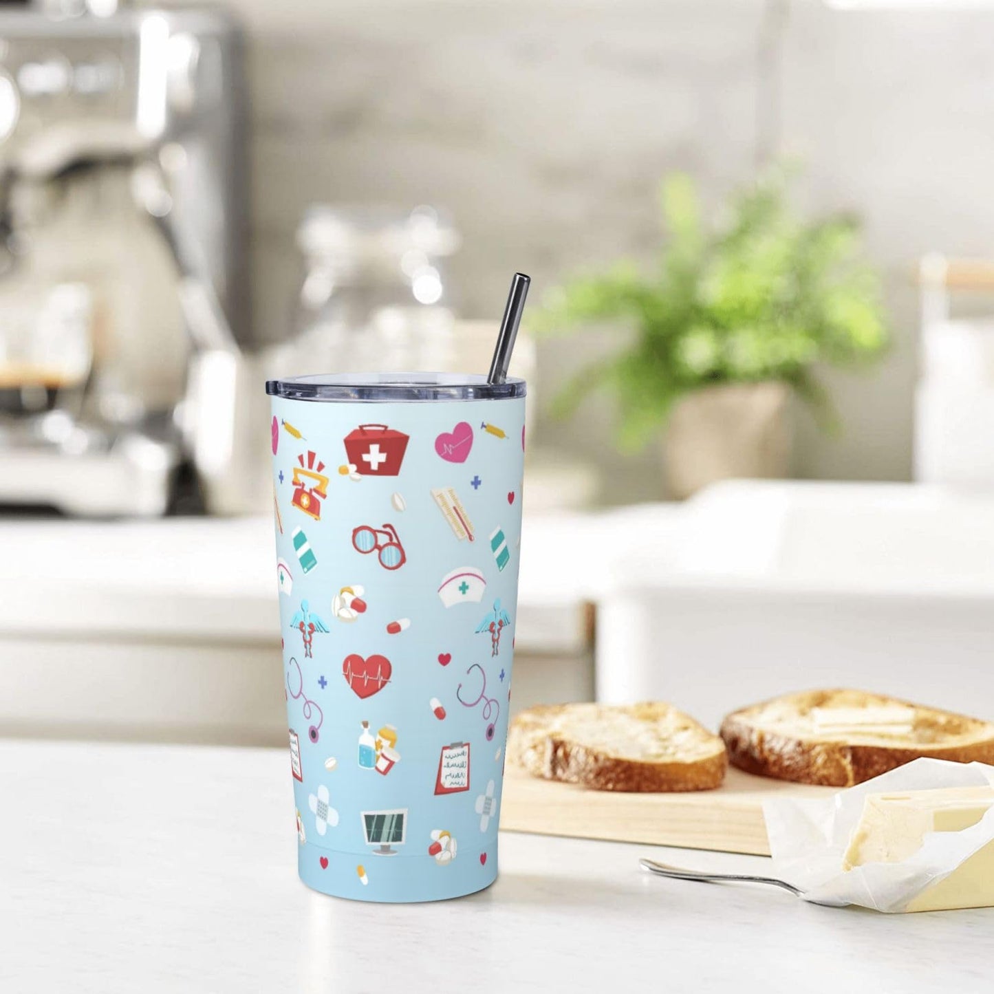 TOUNHEYA Nurse Tumbler with Lid and Straw Blue 20oz Insulated Stainless Steel Cup Blue White Travel Coffee Mug Water Bottle for Women Gift for Birthday Christmas