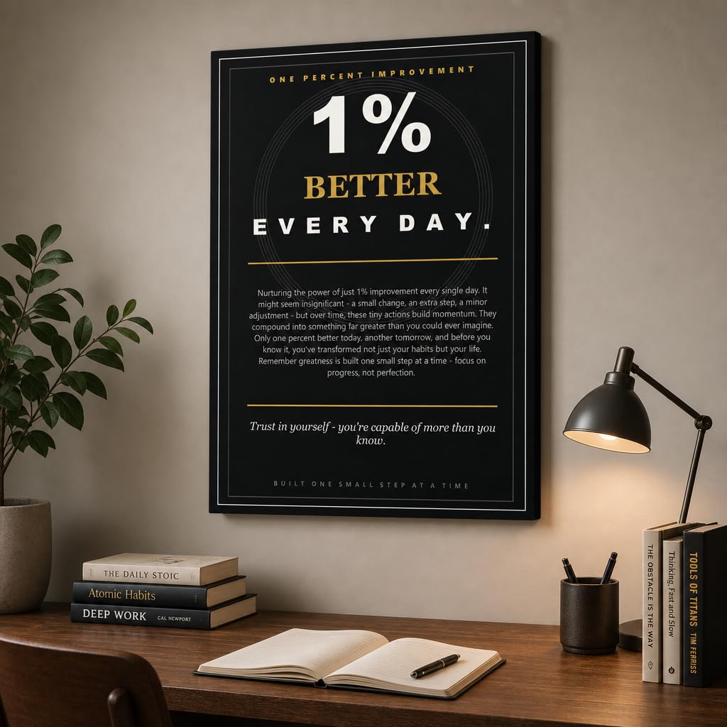 PJQART Inspirational Posters for Office 1 Percent Improvement Quote Wall Art, Black Gold Canvas Poster for Home Office Dorm Classroom, Single Panel Framed Decor 24x18 Inch