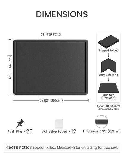 Fluxynara Bulletin Board, 23.6" x 17.5" Cork Board Alternative with 12 Safe Removable Adhesive Tabs, Foldable Felt Pin Board for Home Office, Classroom, Bedroom,Entryway for Walls—Black