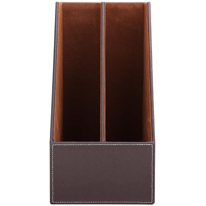 KINGFOM Wooden Leatherette Desktop File Folder Organizer and Document File Stand Journals Magazine Rack 2 Slots (brown)
