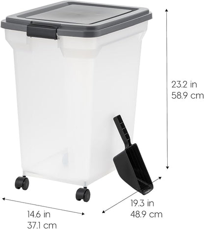 IRIS USA Dog Food Storage Container 58 lbs, Attachable Wheels, & Included Scoop, for Dog Cat Birds and other Pets, Food Storage Bin, Keep Fresh, Easy Mobility, BPA Free - Made in the USA, Dark Gray