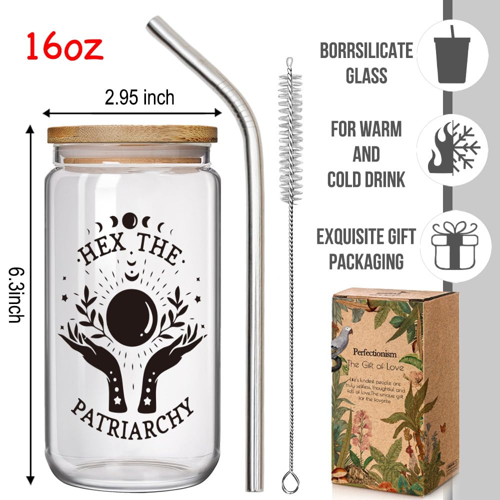 Enanaimg Hex the Patriarchy 16 oz Glass Cup with Lids and Straws, Witchy Feminist Gifts for Friend Bestie Employee Coworker, Halloween Feminist Glass Cup for Birthday Christmas, Power Mug