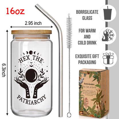Enanaimg Hex the Patriarchy 16 oz Glass Cup with Lids and Straws, Witchy Feminist Gifts for Friend Bestie Employee Coworker, Halloween Feminist Glass Cup for Birthday Christmas, Power Mug