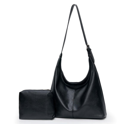 Hobo Bag for Women, Soft Vegan Leather Slouchy Shoulder Tote Purse with Matching Pouch, Adjustable Strap & Magnetic Closure Black