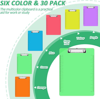 Plastic Clipboards, PANDRI 30 Pack Clear Colored Clipboards, Low Profile Clip Board 12.5 x 9 Inch Standard Letter Size, Office Supplies Classroom