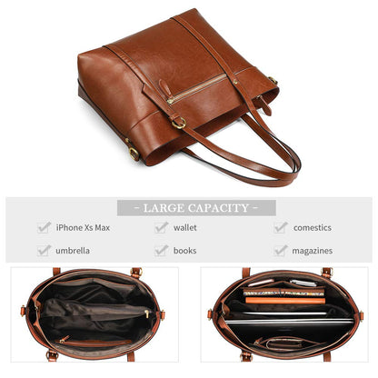 Kattee Genuine Leather Women Tote Bag Soft Handbags Vintage Shoulder Purses Fashion Top Handle Bag Large Capacity (Dark Brown)