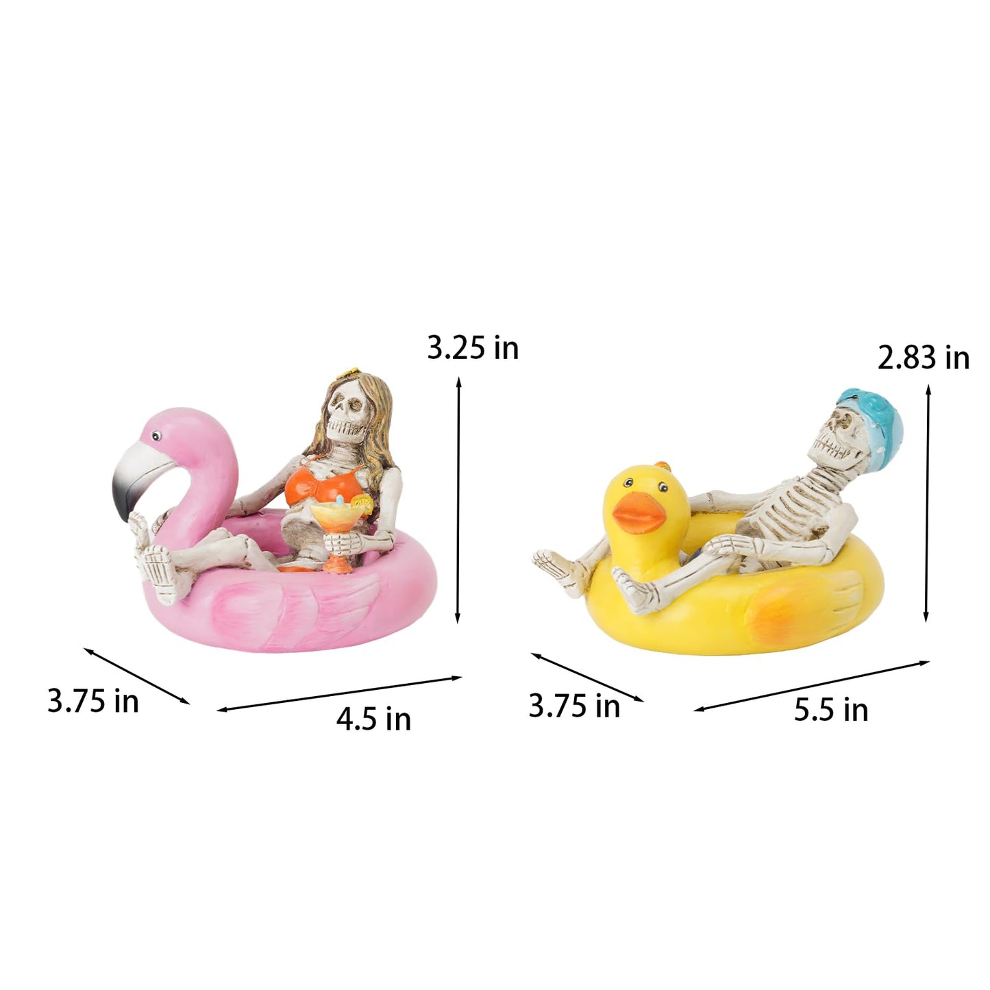 Summer Home Decor Halloween Skeleton-Statues - 2PC Summerween Collectible Figurines Couple on Yellow Duck & Pink Flamingo Floats Sulpture for Coastal Tropical Beach Halloween Decor Newman House Studio