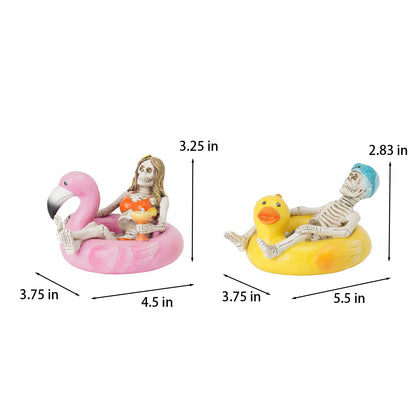 Summer Home Decor Halloween Skeleton-Statues - 2PC Summerween Collectible Figurines Couple on Yellow Duck & Pink Flamingo Floats Sulpture for Coastal Tropical Beach Halloween Decor Newman House Studio